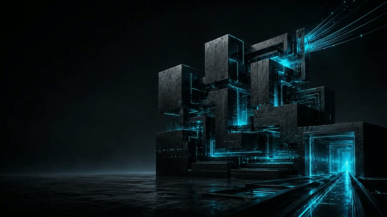 Cyan signal streams flowing through an abstract dark infrastructure structure